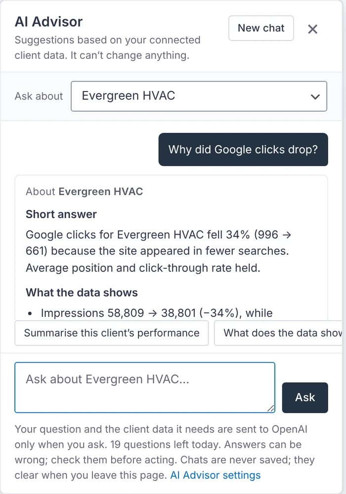 The AI Advisor answering why Google clicks dropped.
