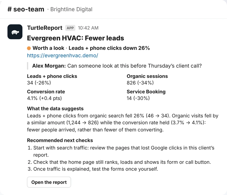 The Slack message TurtleReport posts for an issue.